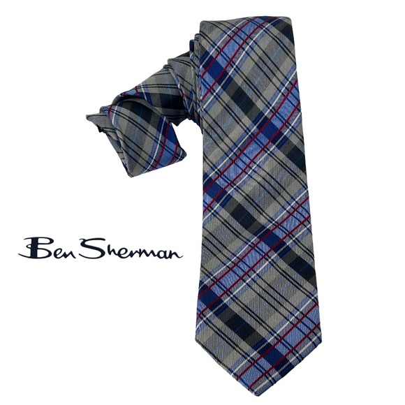 Ben Sherman Necktie Tie Plaid Tartan Silk Silver Sky Blue Hand Stitched NWOT - Picture 1 of 7